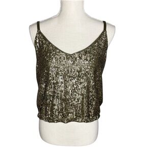 Express Olive Green Gold Sequin Cropped‎ Tank Blouse Size Medium